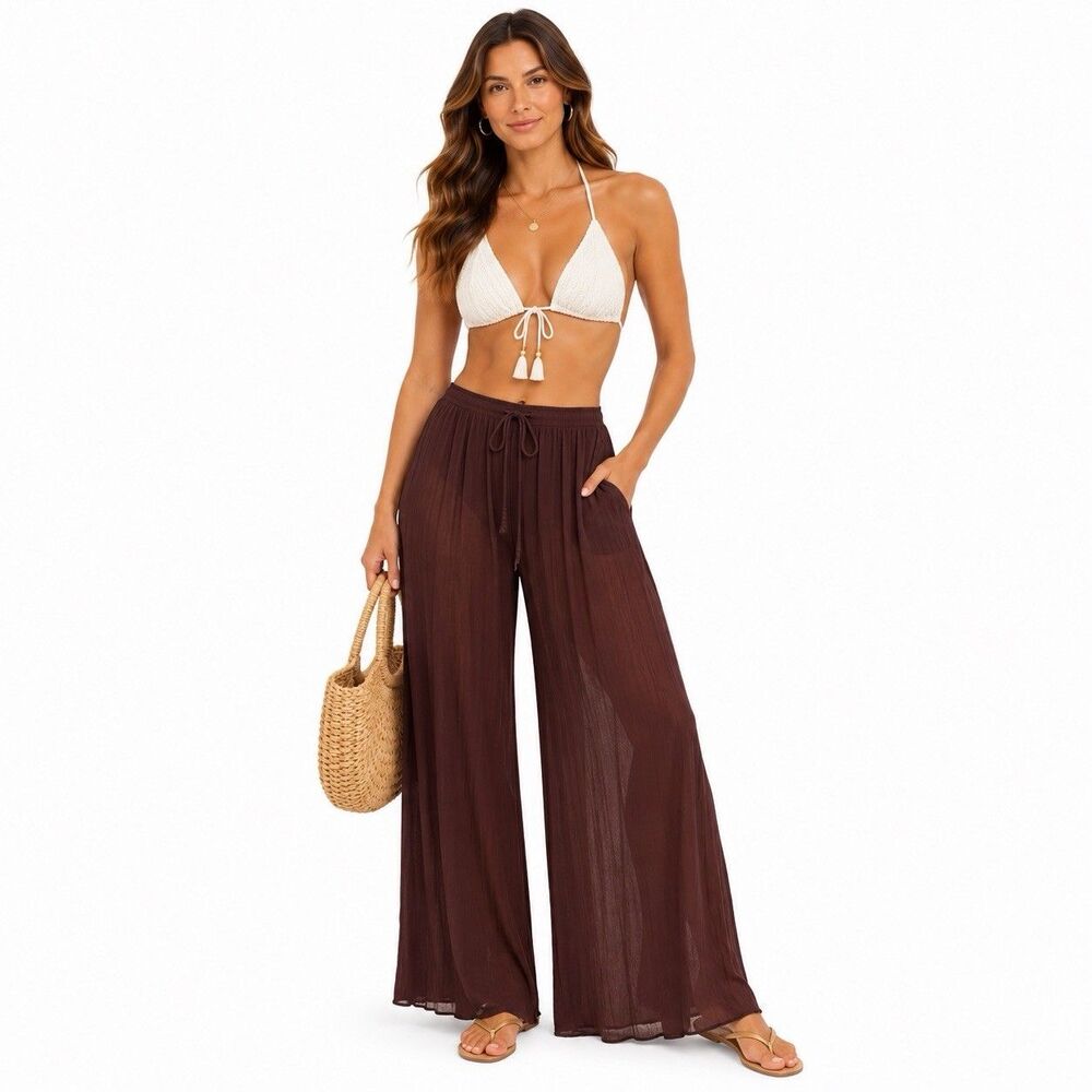 Musera Brown Wide Leg Drawstring Coverup Pants Women Sz L NWT Beach Vacation